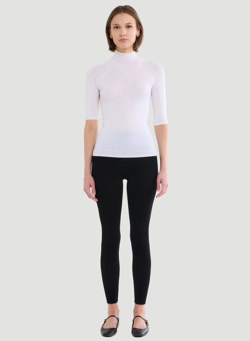 Merino Silk Micro Rib Elbow Sleeve Mock Neck