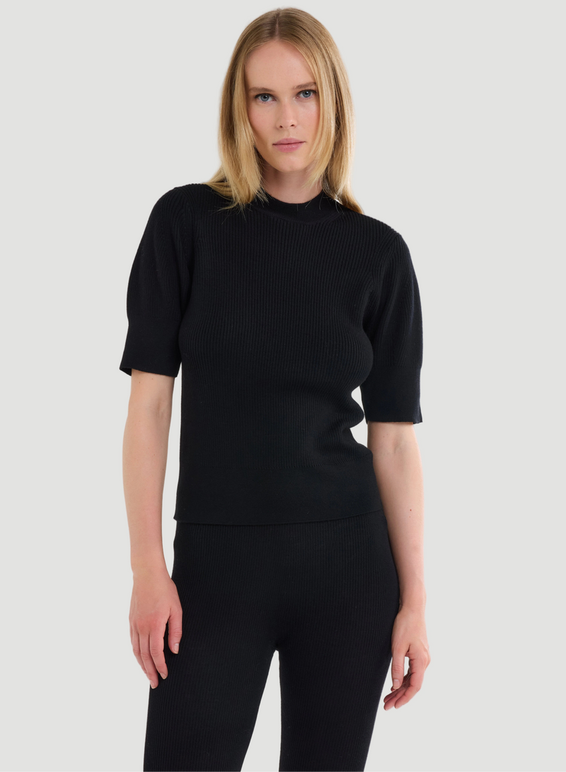Merino Micro Rib Knit Elbow Sleeve Sleeve Sweater