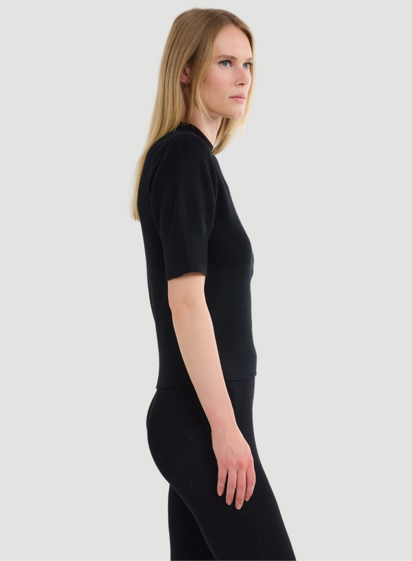 Merino Micro Rib Knit Elbow Sleeve Sleeve Sweater