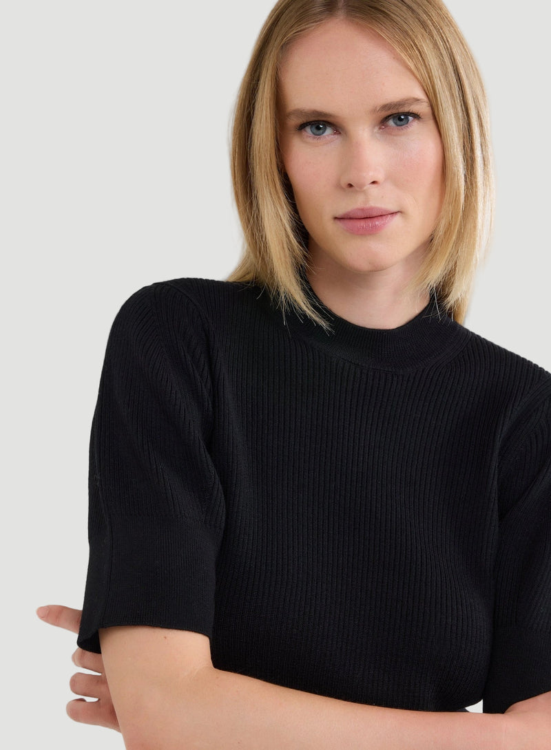 Merino Micro Rib Knit Elbow Sleeve Sleeve Sweater