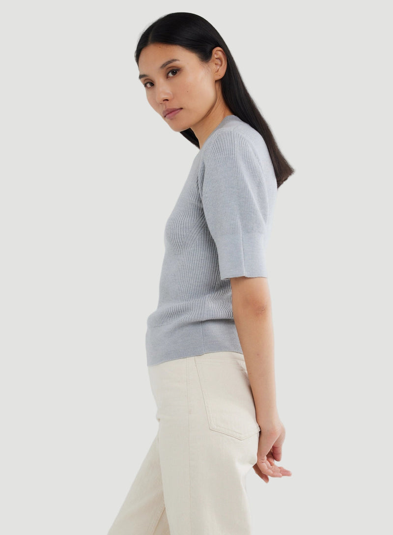 Merino Micro Rib Knit Elbow Sleeve Sleeve Sweater