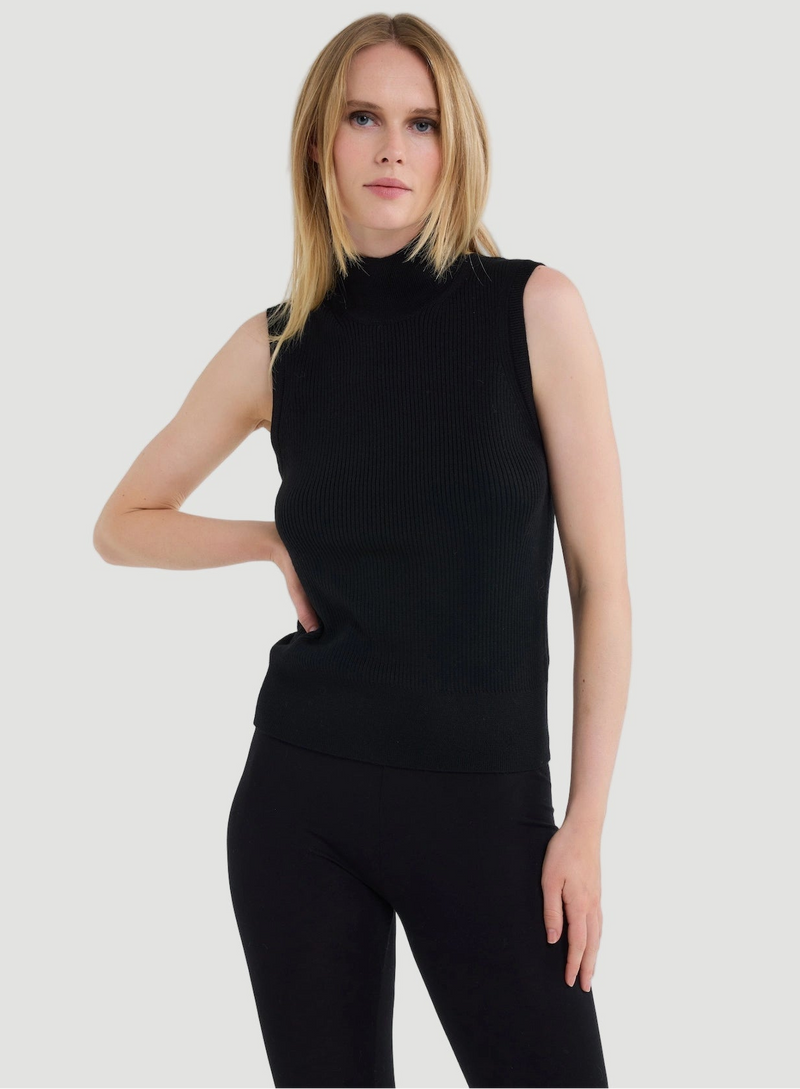 Merino Micro Rib Knit Sleeveless Mock Neck