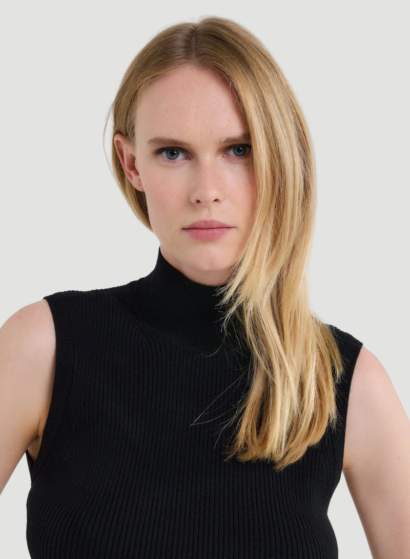 Merino Micro Rib Knit Sleeveless Mock Neck