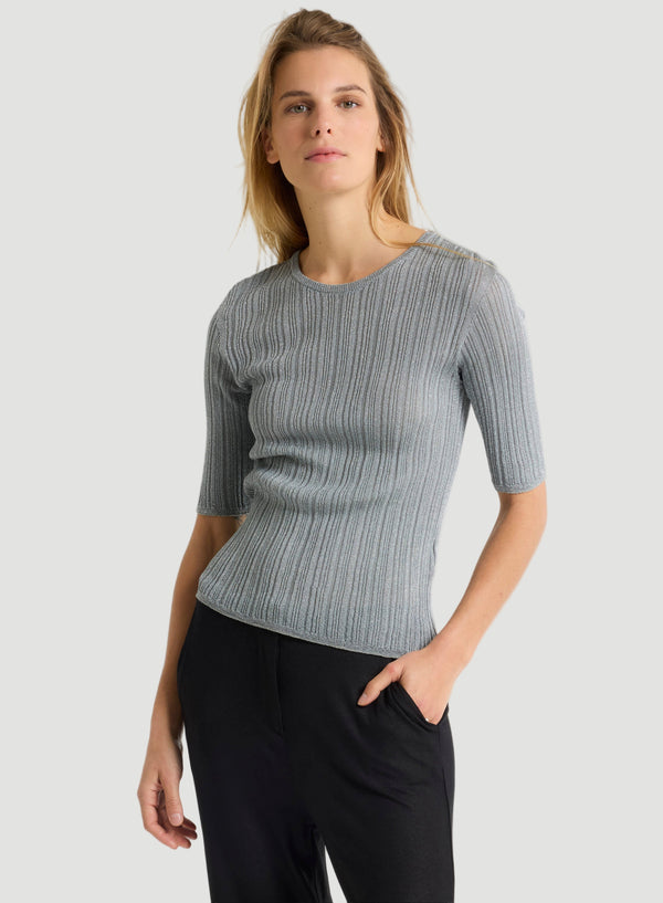 Metallic Micro Rib Knit Elbow Sleeve Crewneck
