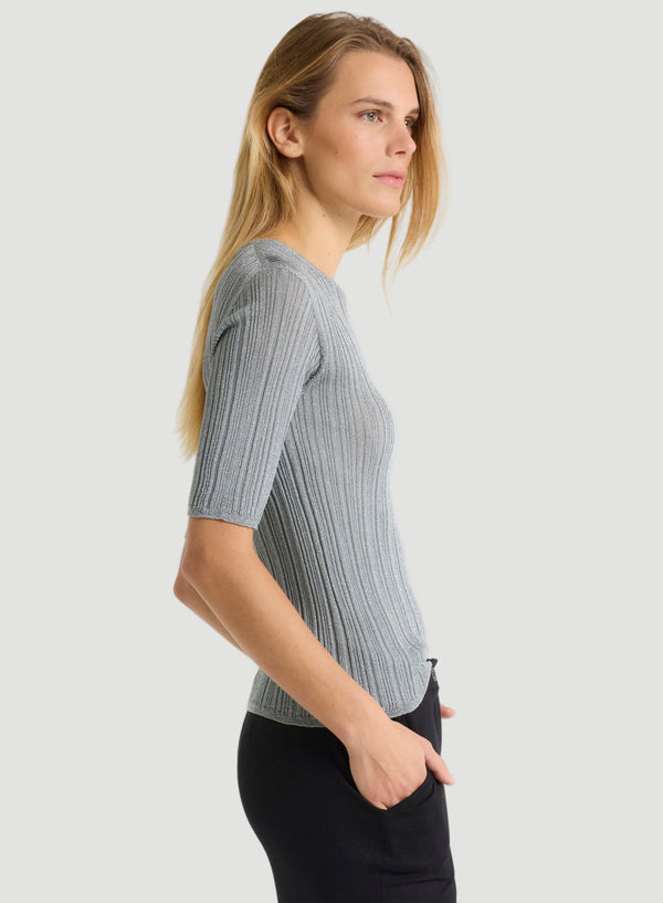 Metallic Micro Rib Knit Elbow Sleeve Crewneck