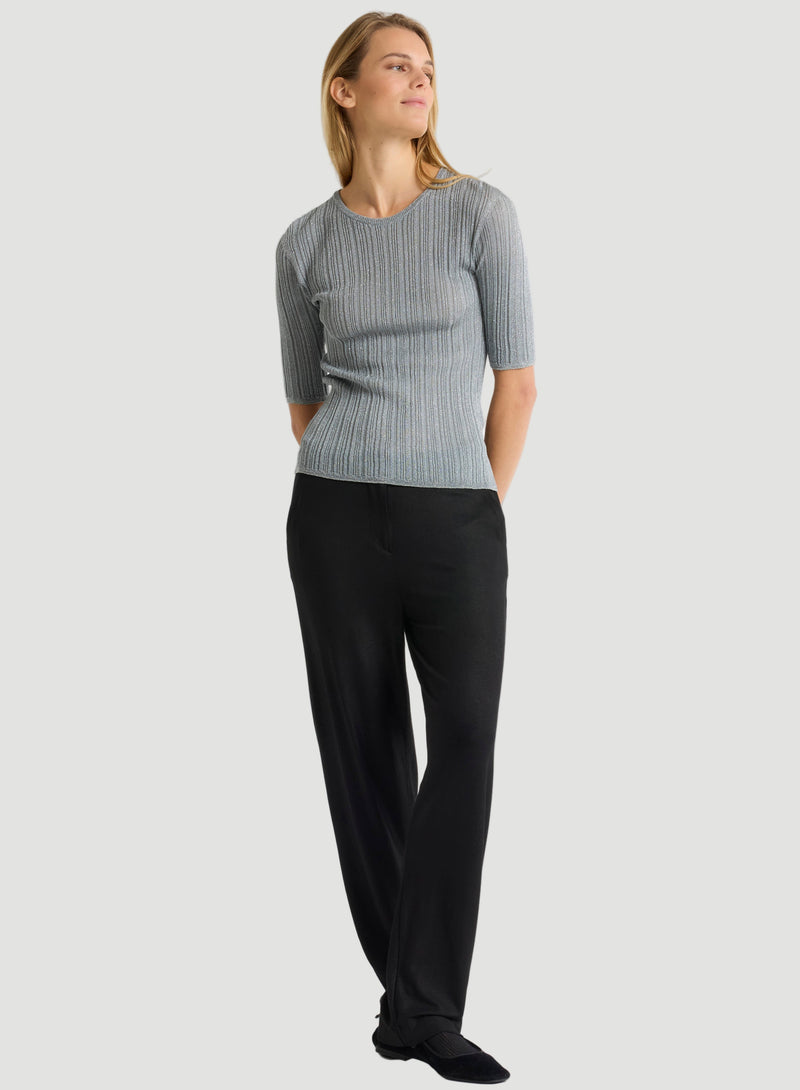 Metallic Micro Rib Knit Elbow Sleeve Crewneck