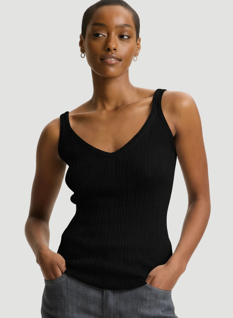Metallic Micro Rib Knit V-Neck Tank