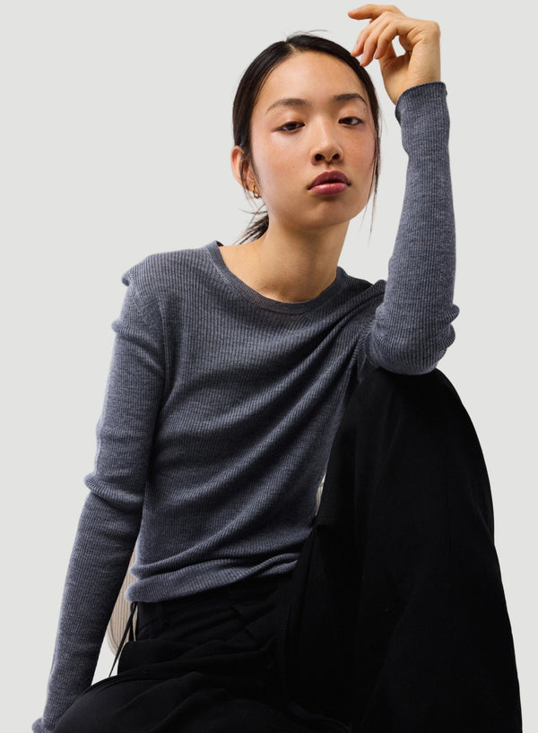 Merino Superfine Rib Knit Long Sleeve Crewneck T-Shirt