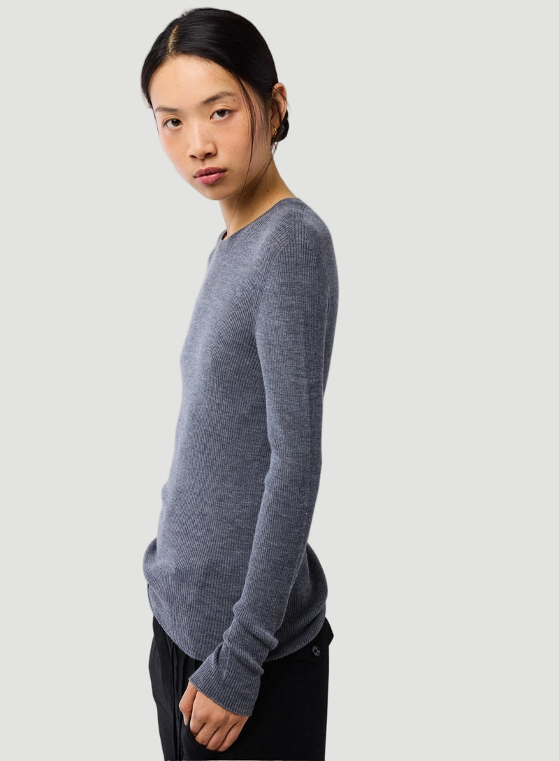 Merino Superfine Rib Knit Long Sleeve Crewneck T-Shirt