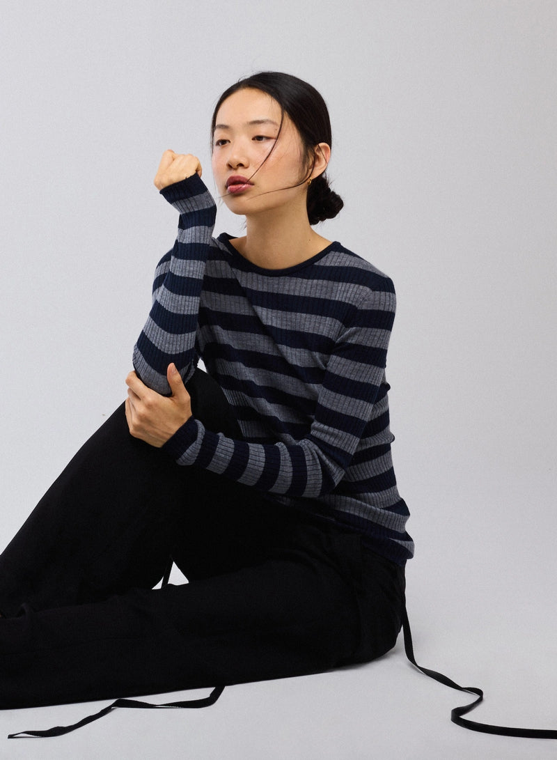 Merino Superfine Rib Knit Stripe Long Sleeve Crewneck T-Shirt