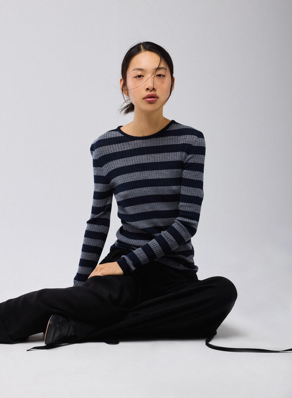 Merino Superfine Rib Knit Stripe Long Sleeve Crewneck T-Shirt