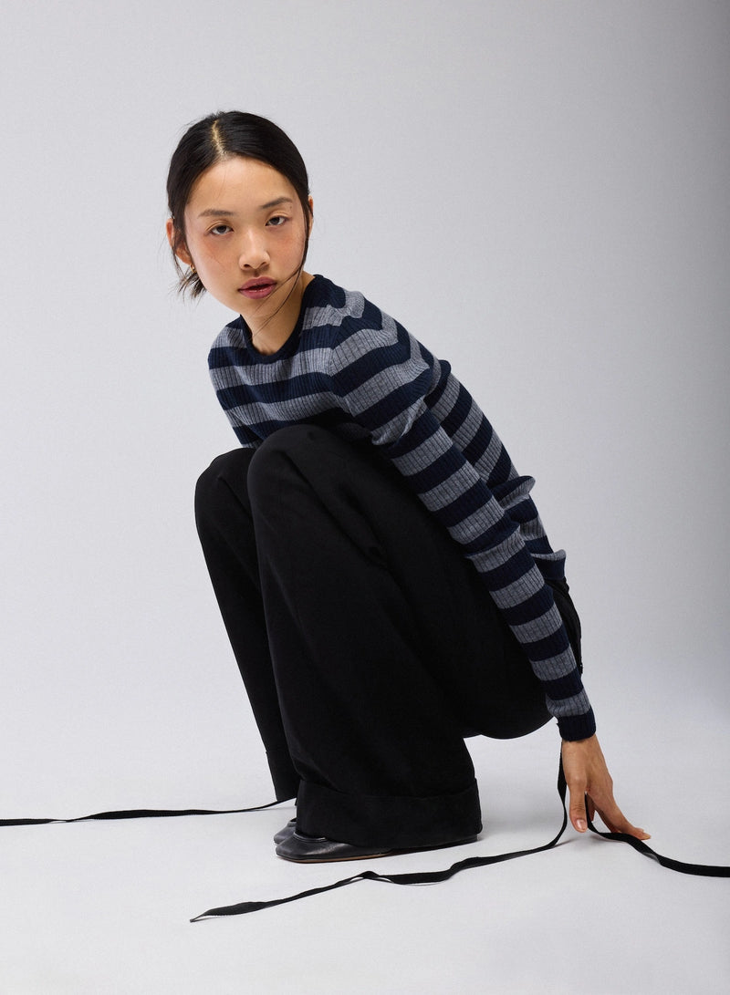 Merino Superfine Rib Knit Stripe Long Sleeve Crewneck T-Shirt