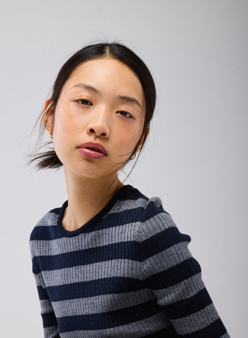 Merino Superfine Rib Knit Stripe Long Sleeve Crewneck T-Shirt