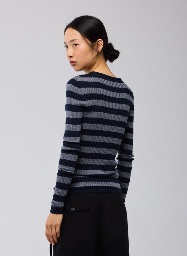 Merino Superfine Rib Knit Stripe Long Sleeve Crewneck T-Shirt