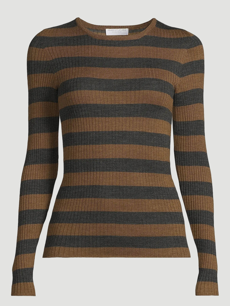 Merino Superfine Rib Knit Stripe Long Sleeve Crewneck T-Shirt