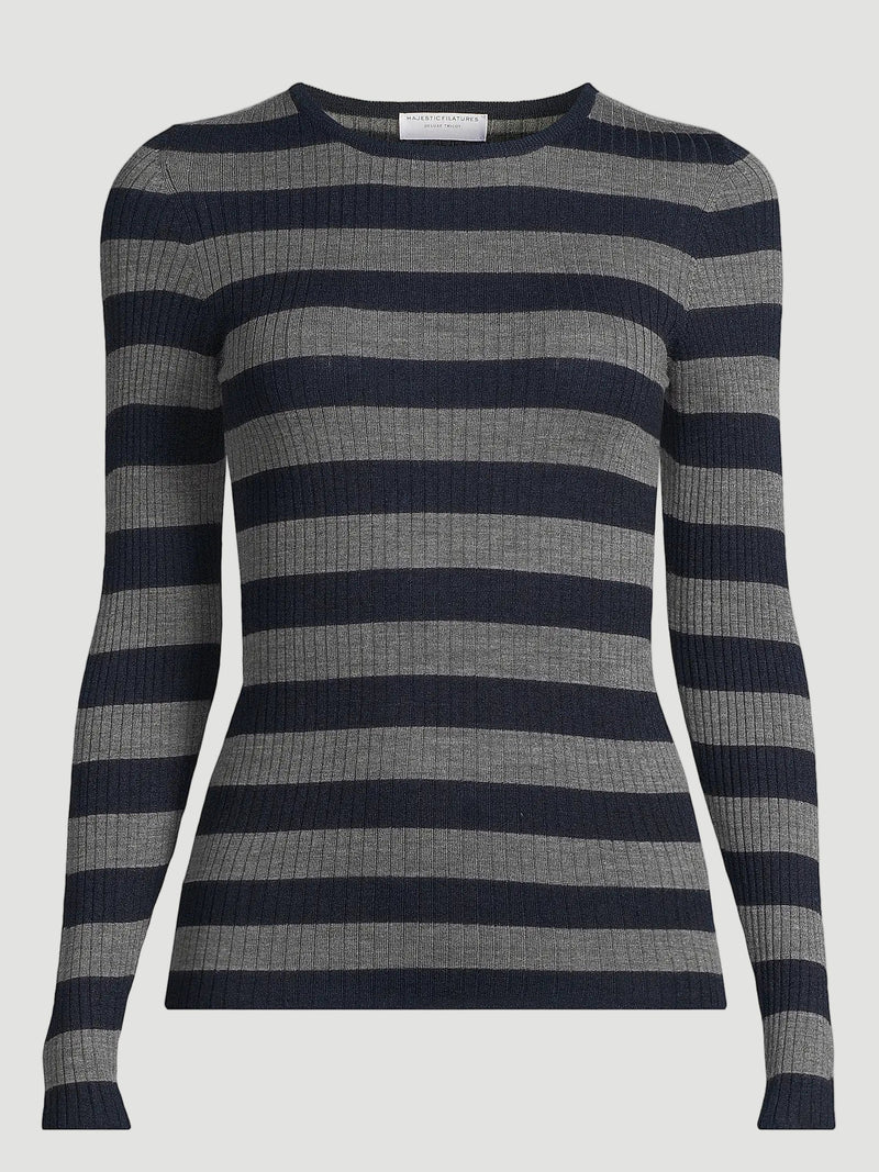 Merino Superfine Rib Knit Stripe Long Sleeve Crewneck T-Shirt