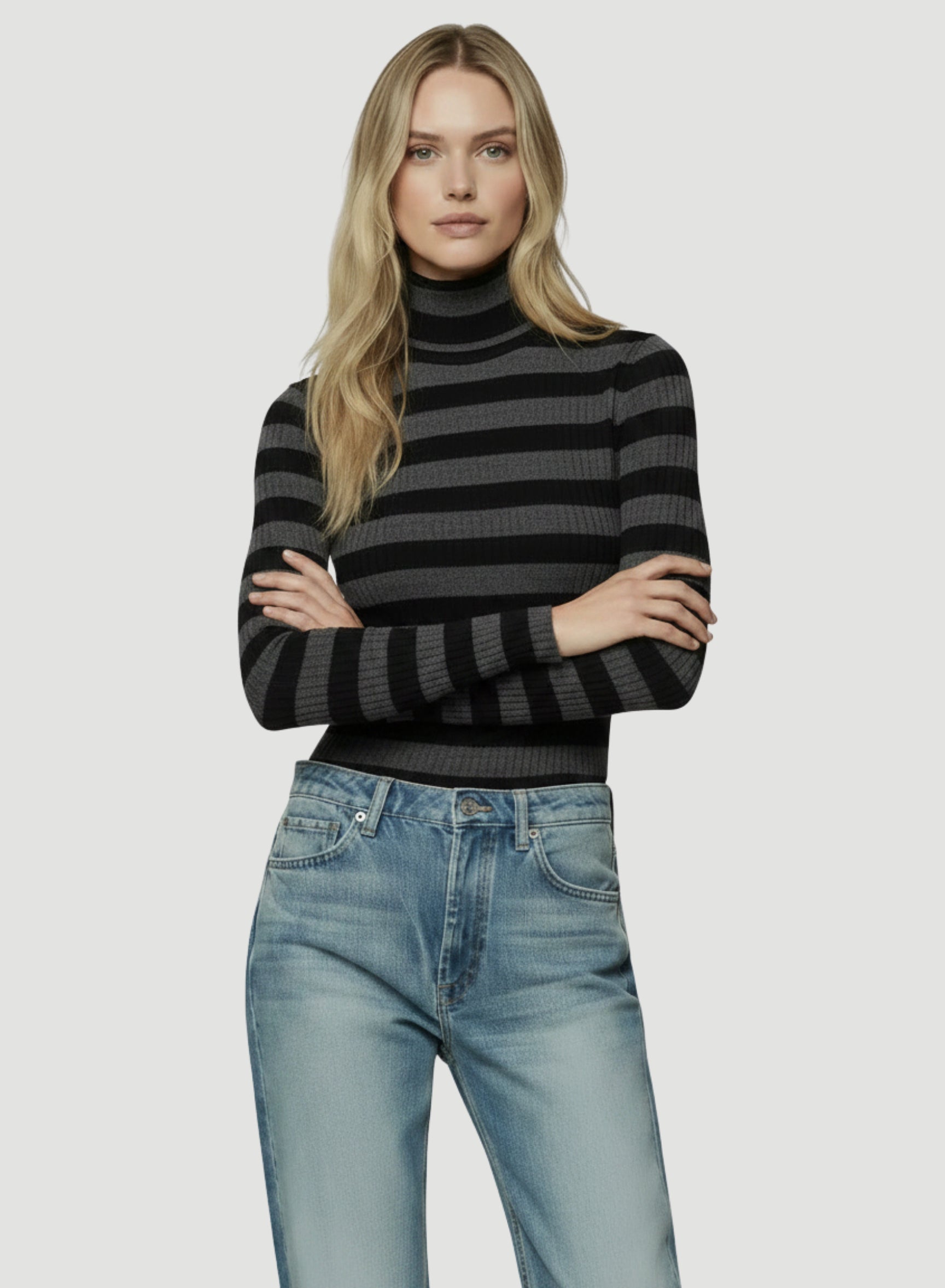 Merino Superfine Rib Knit Stripe Long Sleeve Sleeve Turtleneck