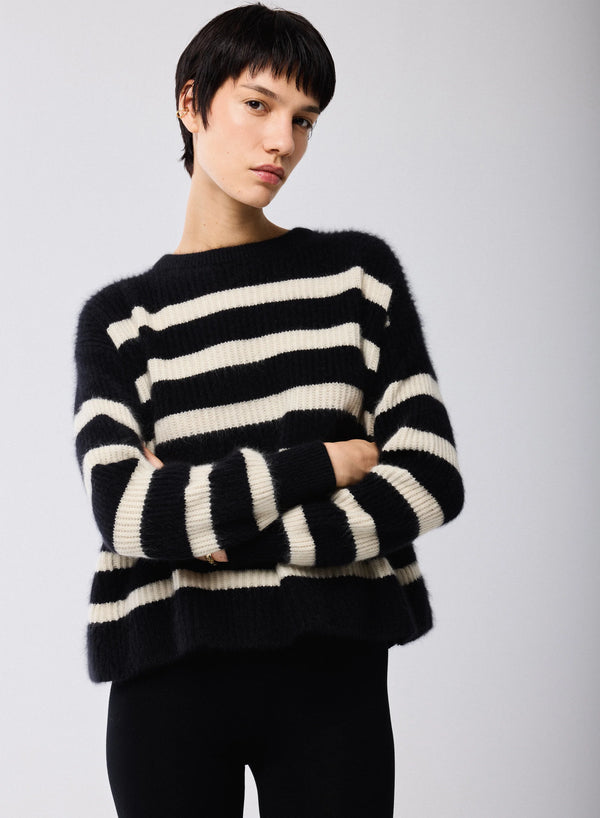 Merino Fox Striped Rib Long Sleeve Knit Boatneck