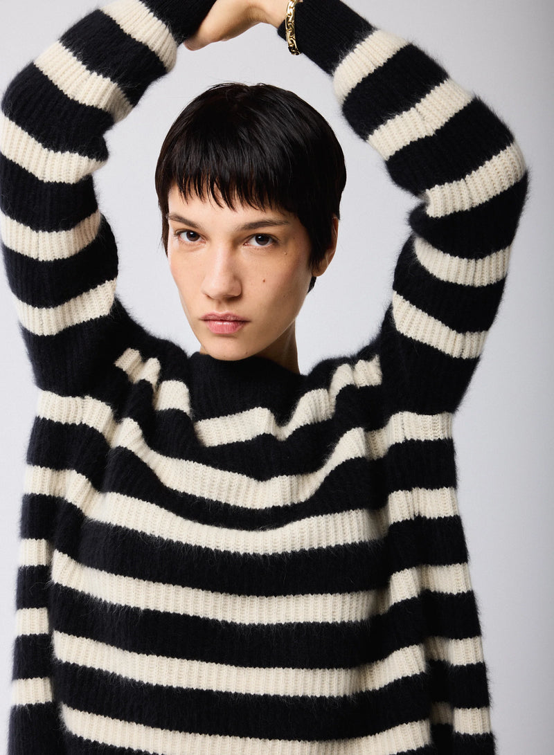 Merino Fox Striped Rib Long Sleeve Knit Boatneck