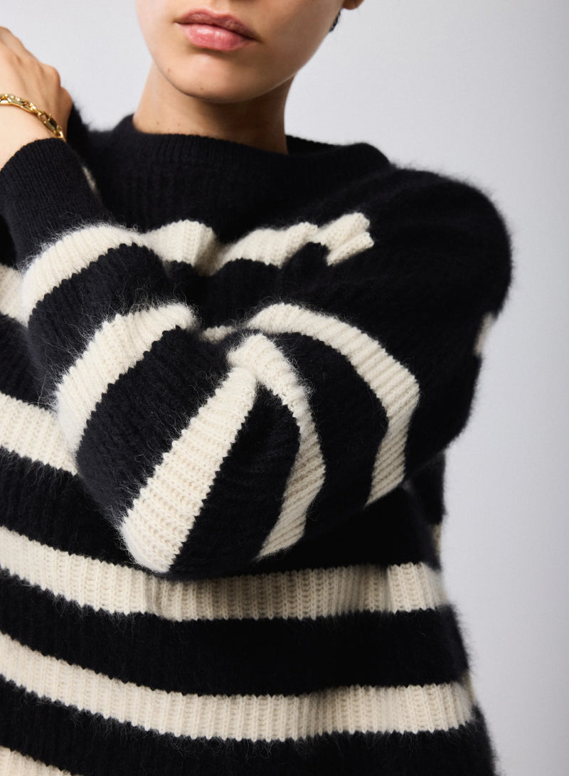 Merino Fox Striped Rib Long Sleeve Knit Boatneck