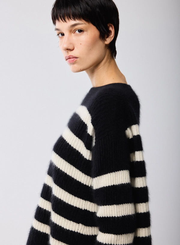 Merino Fox Striped Rib Long Sleeve Knit Boatneck