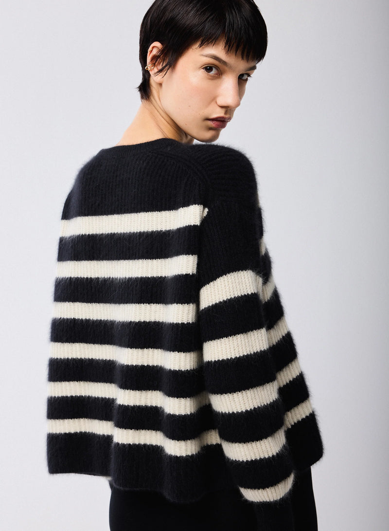 Merino Fox Striped Rib Long Sleeve Knit Boatneck