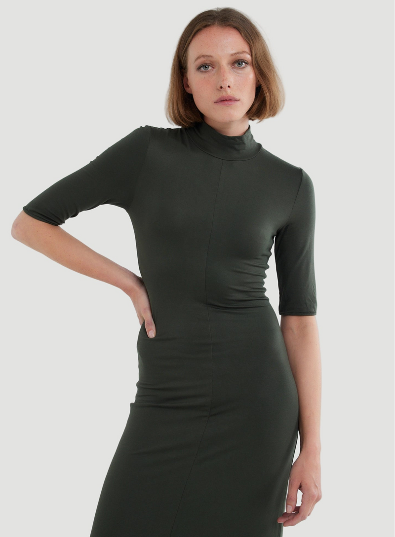 Soft Touch Elbow Sleeve Mock Neck Midi Dress