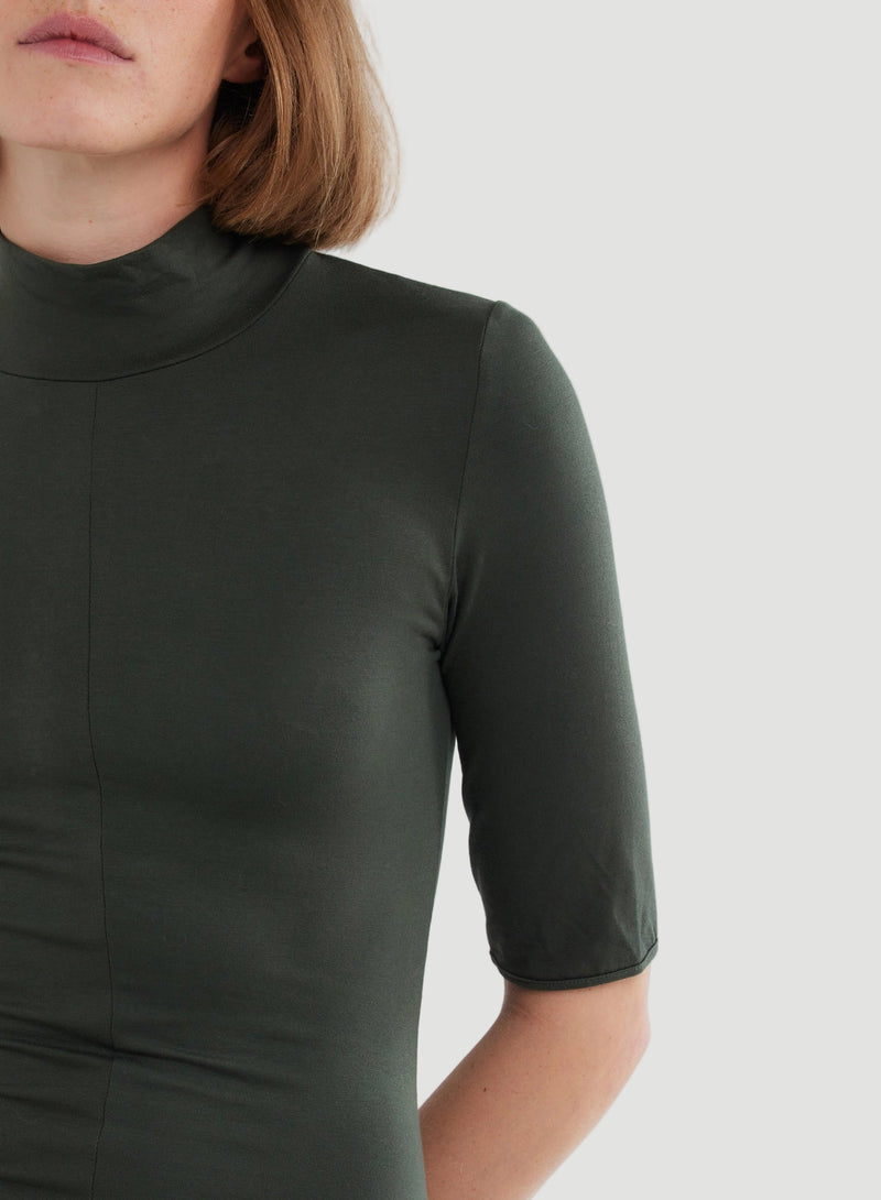 Soft Touch Elbow Sleeve Mock Neck Midi Dress