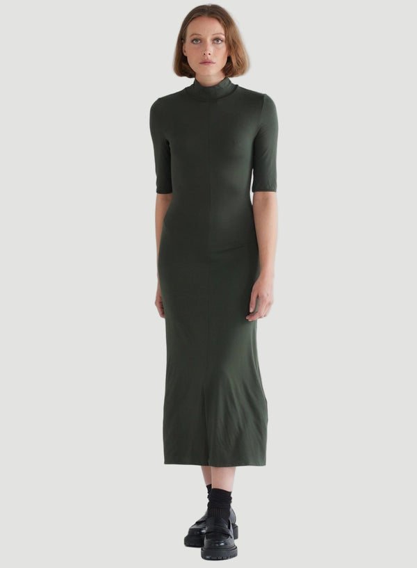 Soft Touch Elbow Sleeve Mock Neck Midi Dress