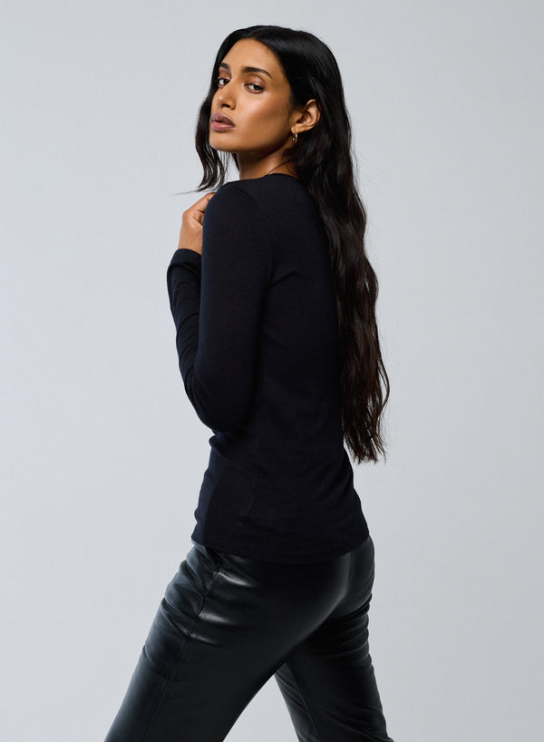 Cotton Cashmere Long Sleeve Rolled Edge Finish Crewneck