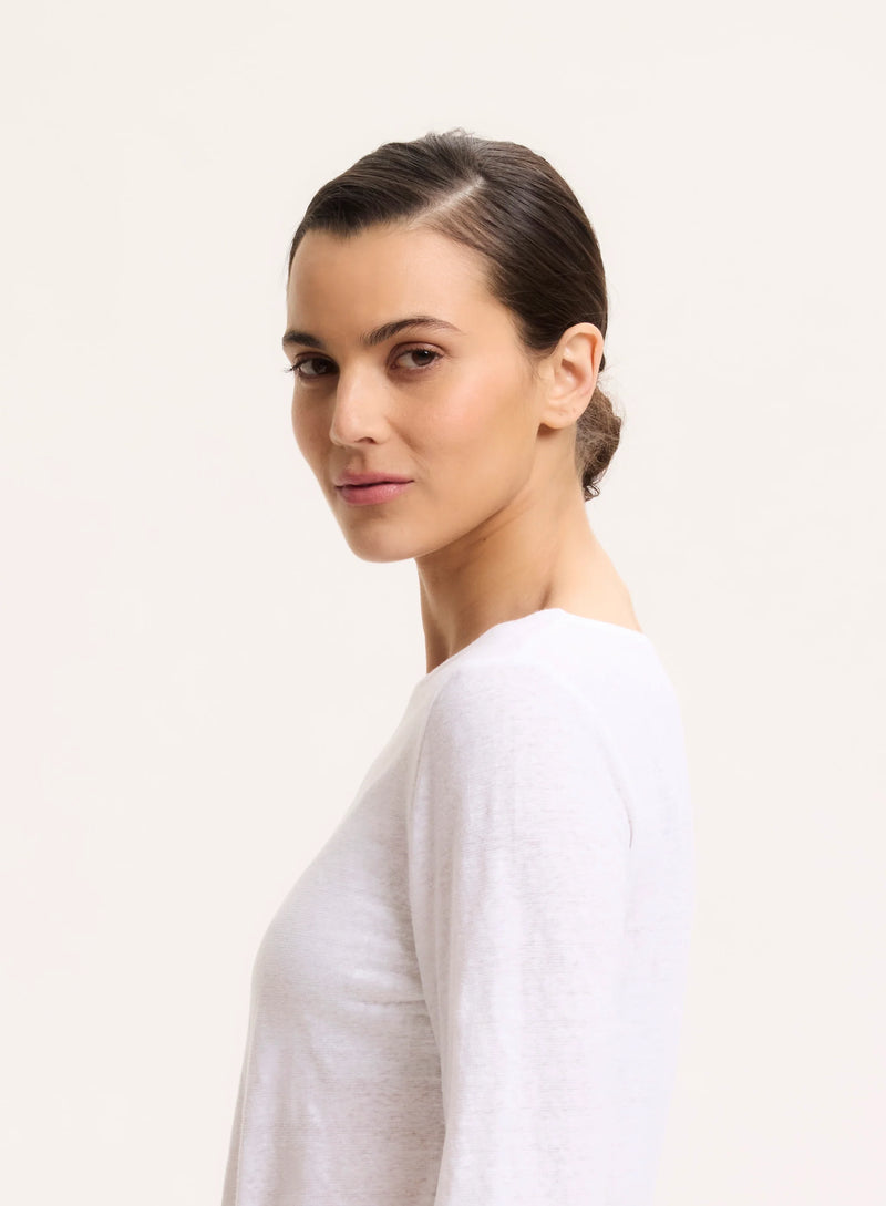 Stretch Linen Three Quarter Sleeve Boatneck T-Shirt