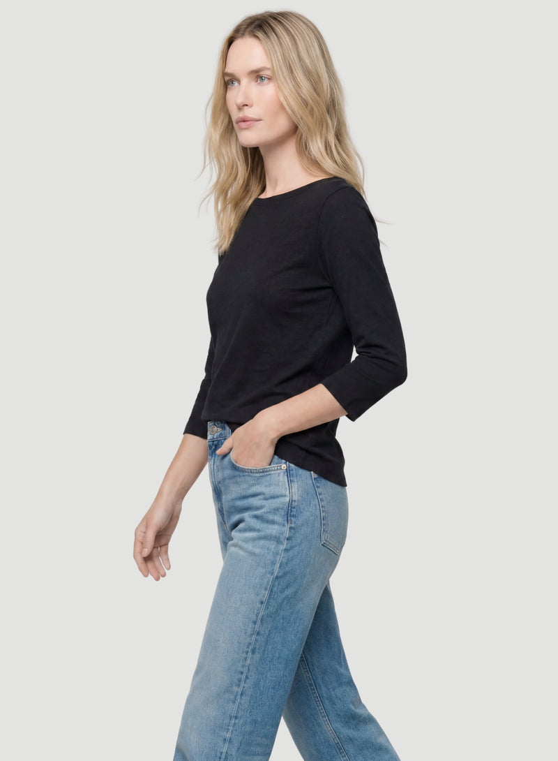 Stretch Linen Three Quarter Sleeve Boatneck T-Shirt