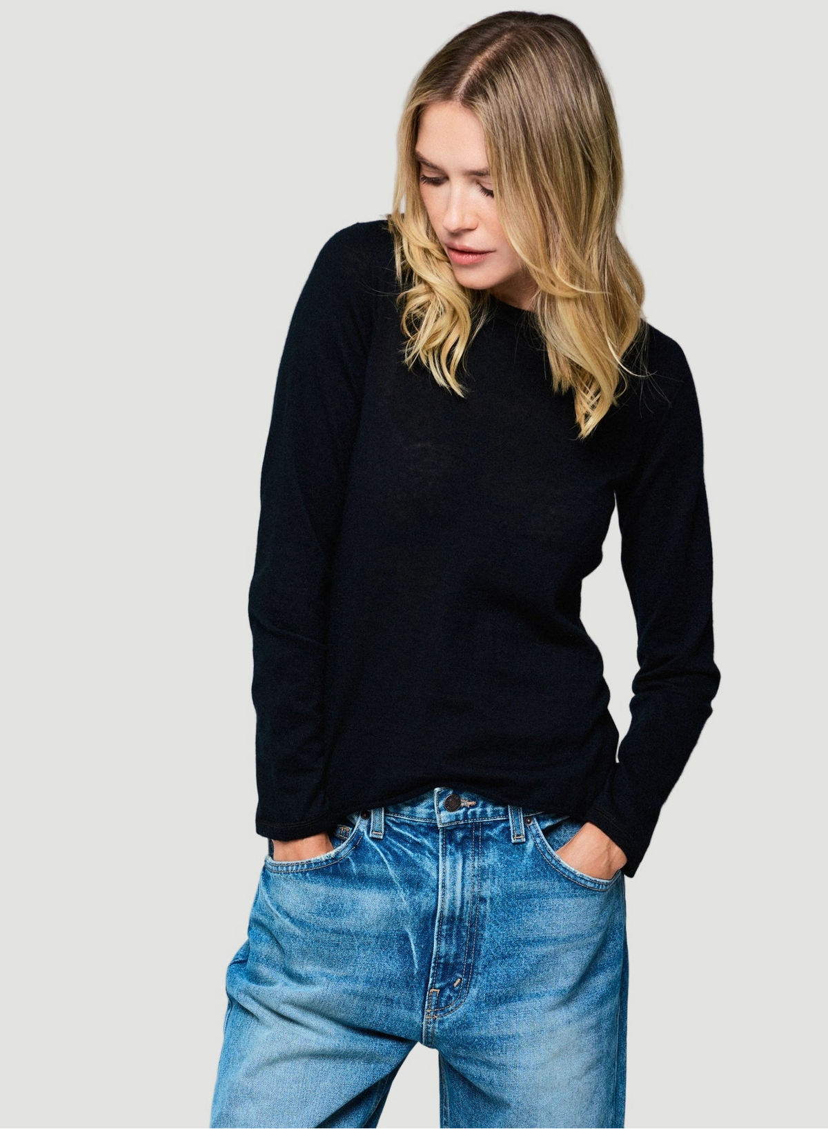 100% Machine Washable Cashmere Long Sleeve Crewneck T Shirt for