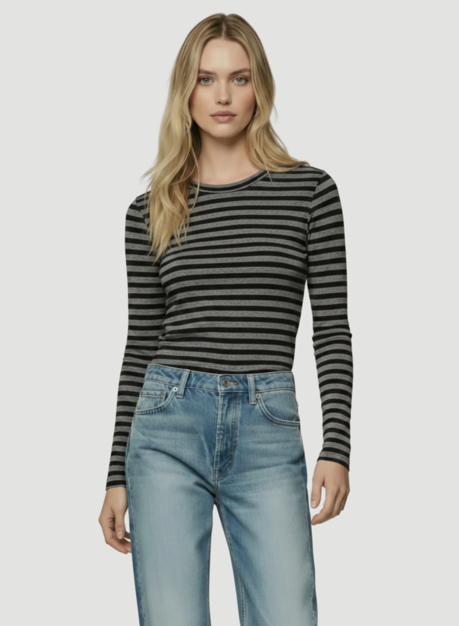 Luxurious Soft Touch Stripe Long Sleeve Crew Neck T-shirt