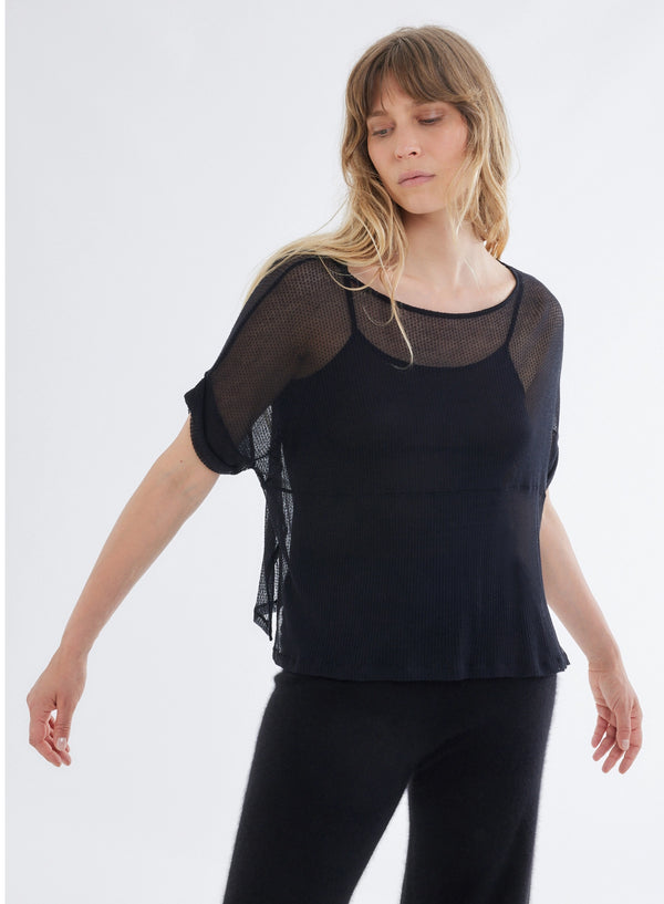 Micro Modal Laser Cut Cashmere Short Sleeve Boatneck Top - BOATNECK S/S - Majestic Filatures North America