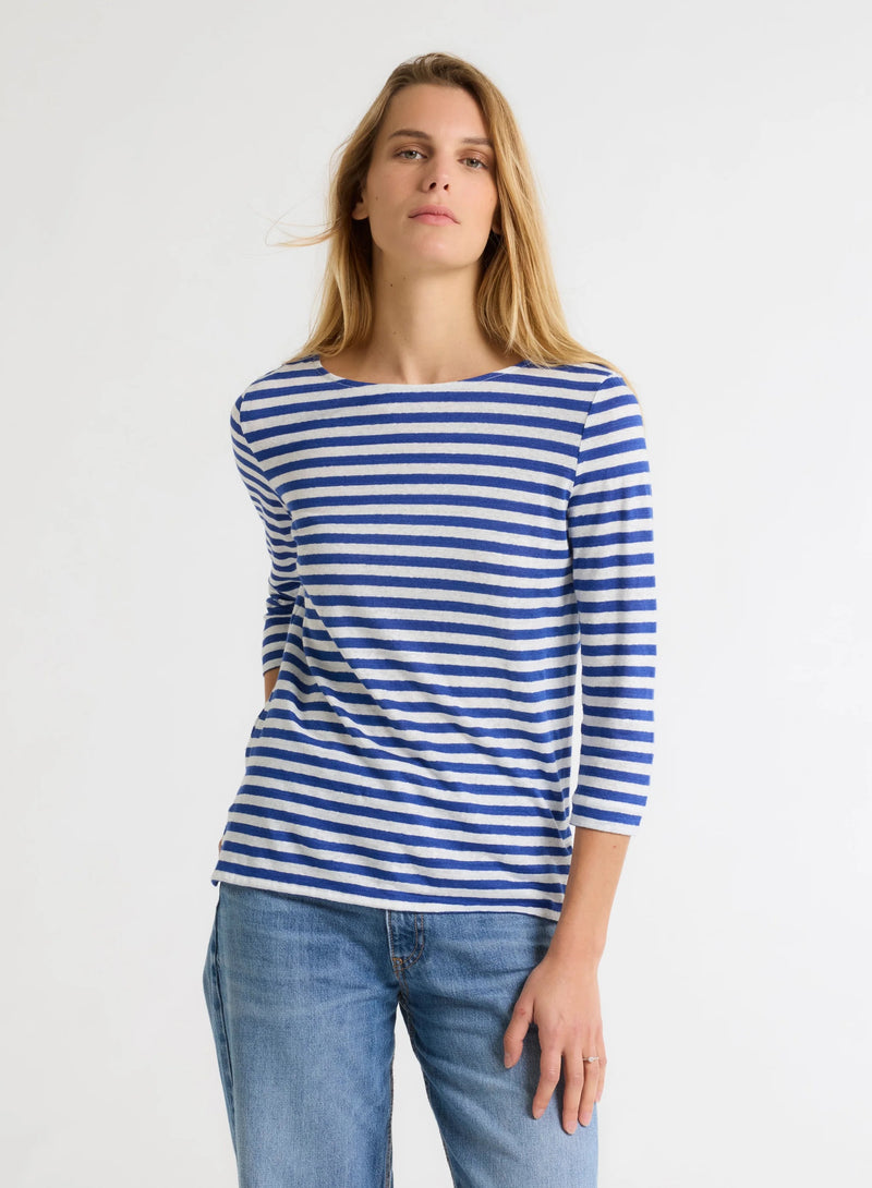 Stretch Linen Stripe Three Quarter Sleeve Boatneck T-Shirt