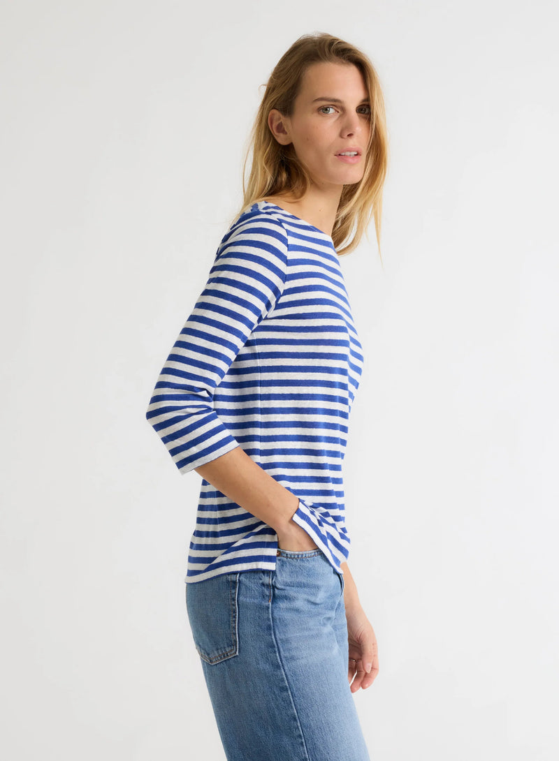 Stretch Linen Stripe Three Quarter Sleeve Boatneck T-Shirt