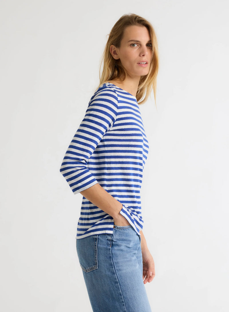 Stretch Linen Stripe Three Quarter Sleeve Boatneck T-Shirt