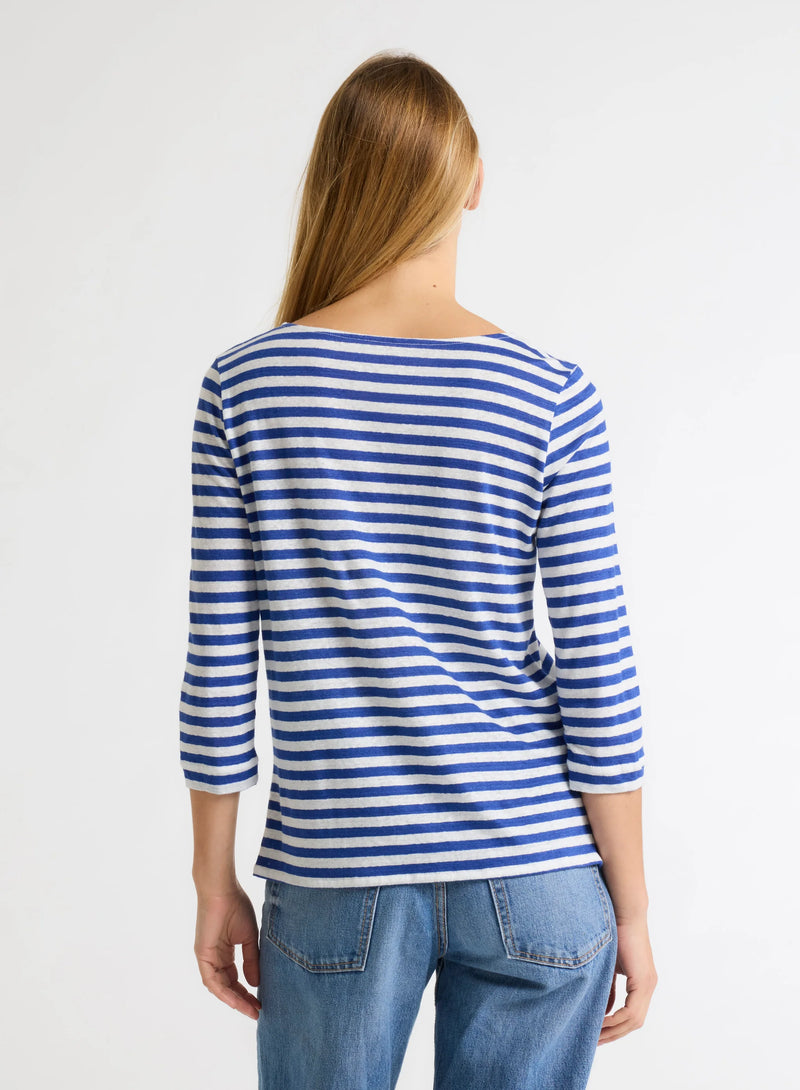 Stretch Linen Stripe Three Quarter Sleeve Boatneck T-Shirt