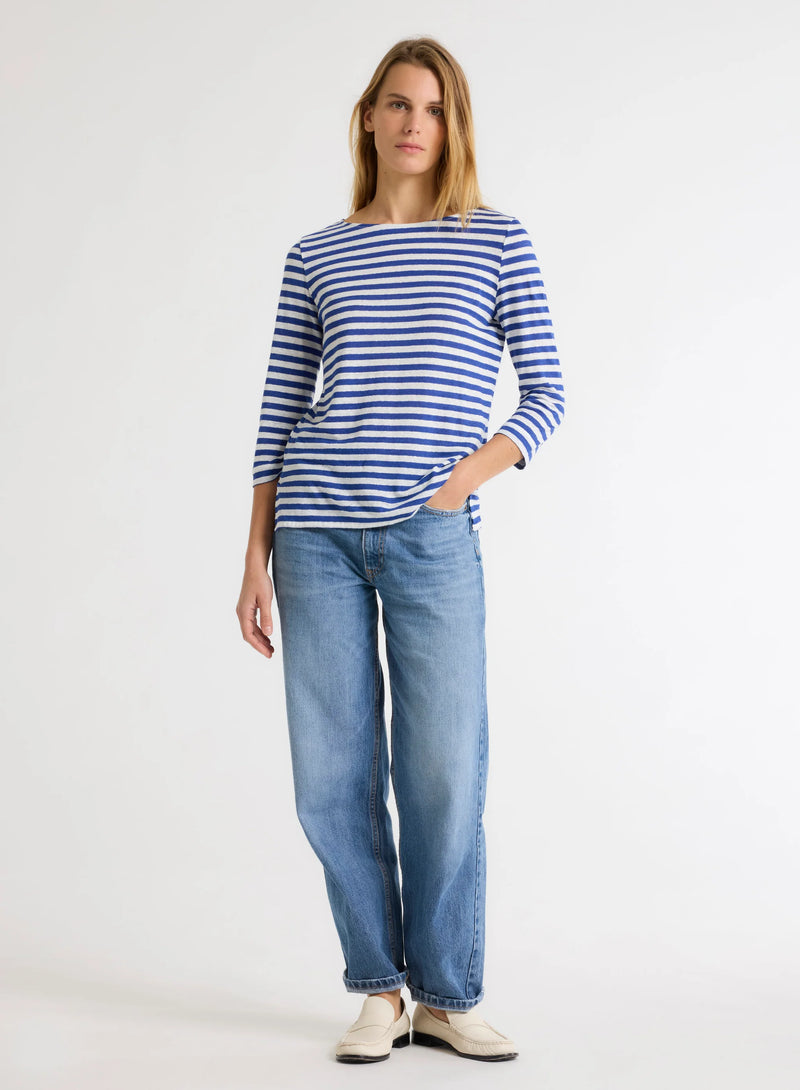 Stretch Linen Stripe Three Quarter Sleeve Boatneck T-Shirt