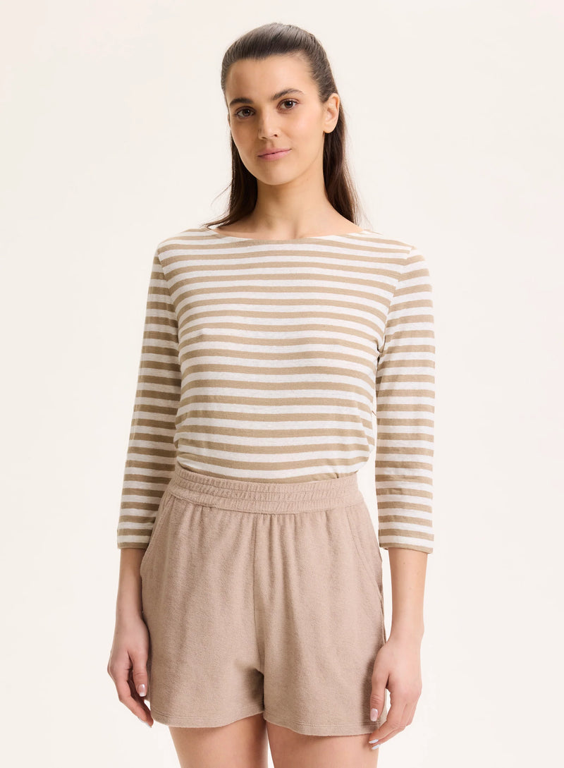 Stretch Linen Stripe Three Quarter Sleeve Boatneck T-Shirt