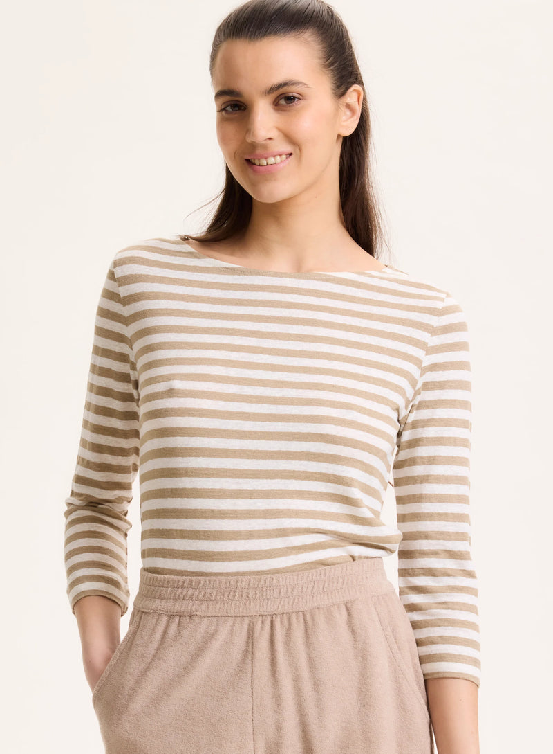 Stretch Linen Stripe Three Quarter Sleeve Boatneck T-Shirt