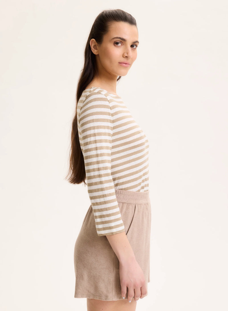 Stretch Linen Stripe Three Quarter Sleeve Boatneck T-Shirt