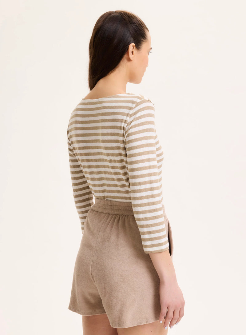 Stretch Linen Stripe Three Quarter Sleeve Boatneck T-Shirt