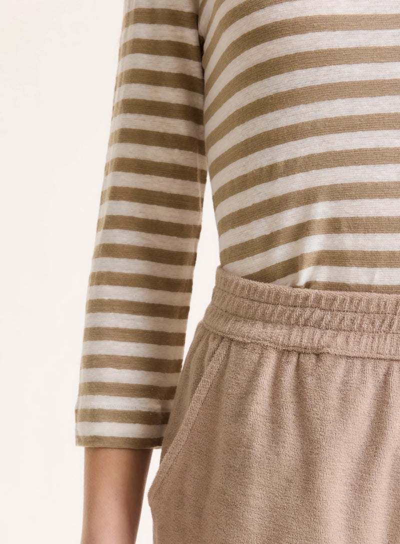 Stretch Linen Stripe Three Quarter Sleeve Boatneck T-Shirt