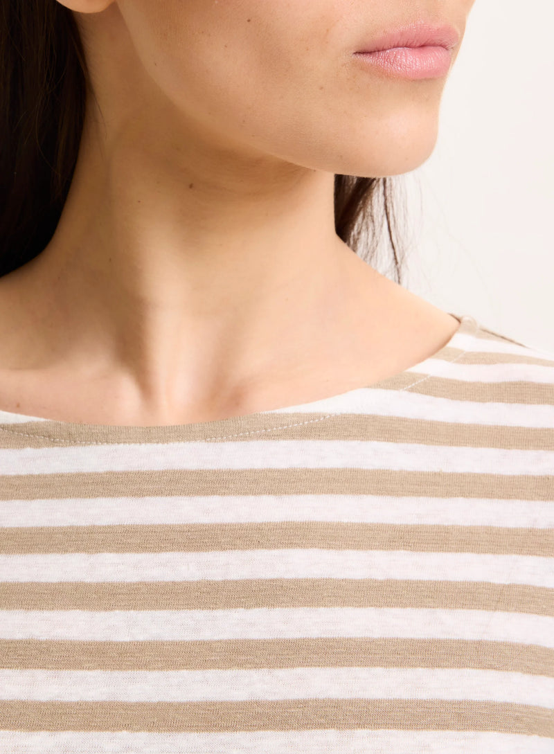 Stretch Linen Stripe Three Quarter Sleeve Boatneck T-Shirt