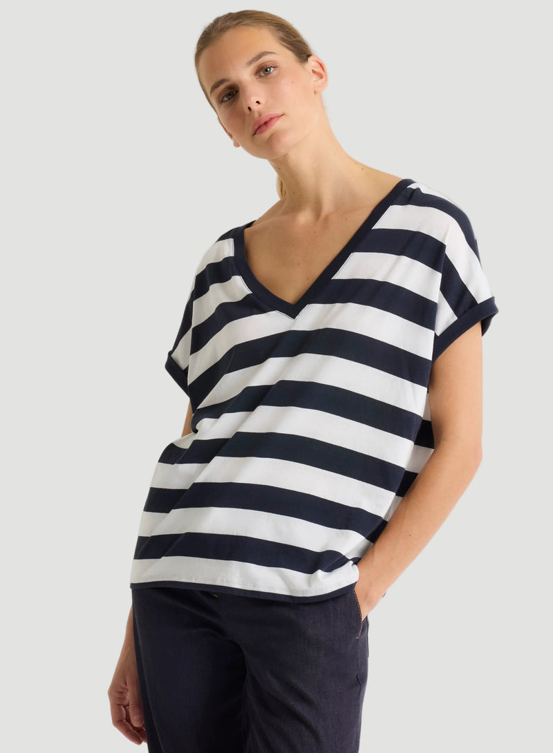 Cotton 'Silk Touch' Stripe Short Sleeve Semi-Relaxed V-Neck T-Shirt