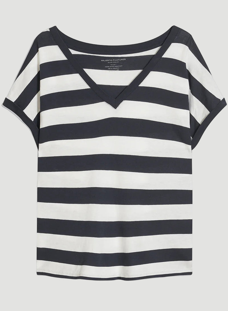 Cotton 'Silk Touch' Stripe Short Sleeve Semi-Relaxed V-Neck T-Shirt