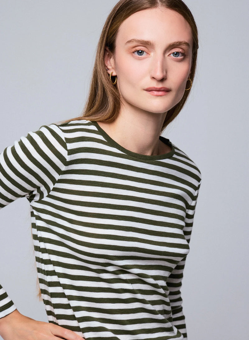 Deluxe Cotton Stripe Long Sleeve Crewneck T-Shirt