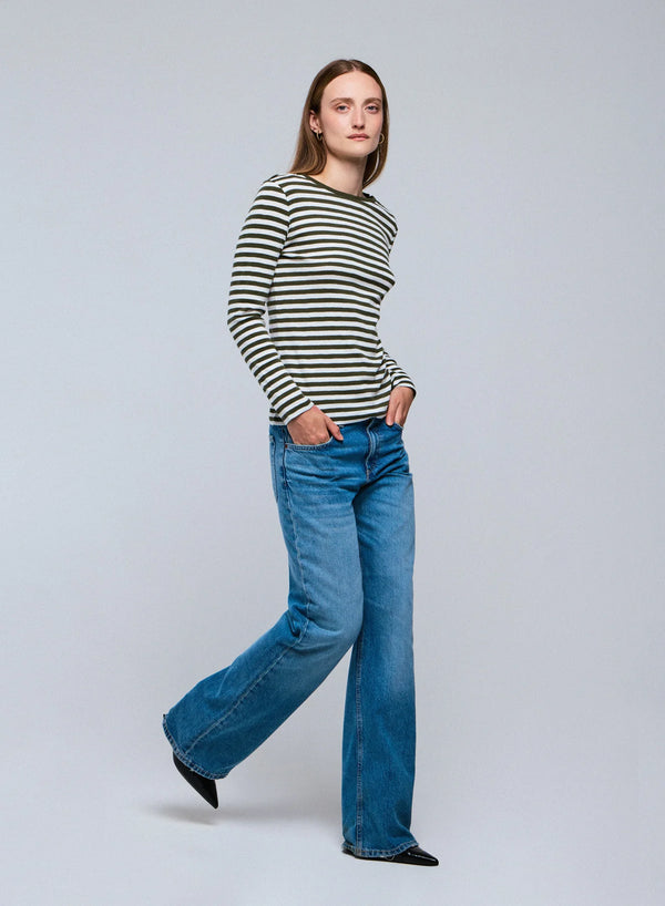 Deluxe Cotton Stripe Long Sleeve Crewneck T-Shirt